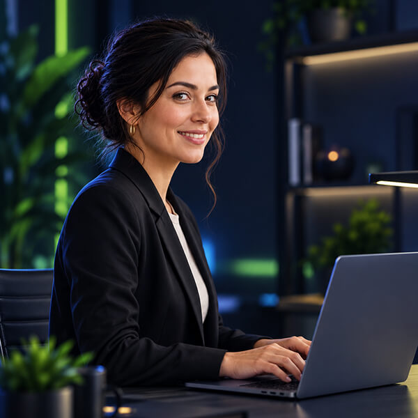 Profissional sorrindo trabalhando em um notebook